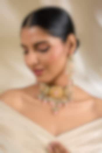 Gold Finish Kundan Polki & Pink Beaded Choker Necklace Set by Amreli Jaipur at Pernia's Pop Up Shop