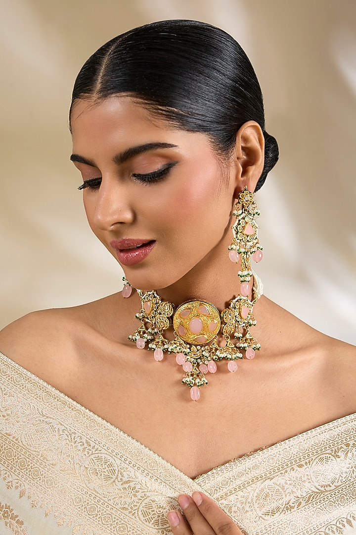 Gold Finish Kundan Polki & Pink Beaded Choker Necklace Set by Amreli Jaipur at Pernia's Pop Up Shop