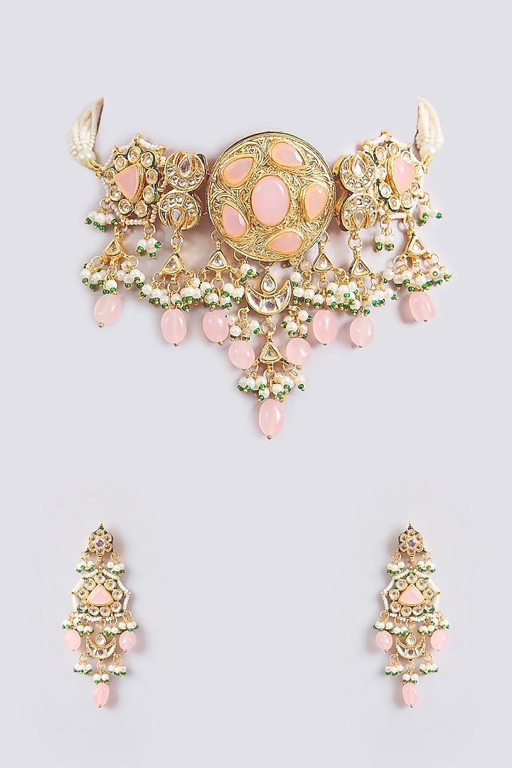 Gold Finish Kundan Polki & Pink Beaded Choker Necklace Set by Amreli Jaipur at Pernia's Pop Up Shop