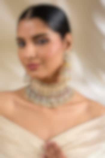 Gold Finish Kundan Polki & Beaded Choker Necklace Set by Amreli Jaipur at Pernia's Pop Up Shop
