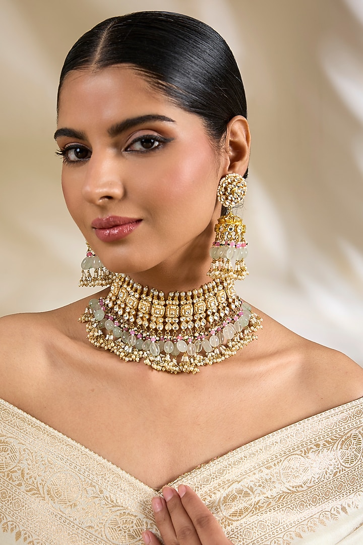 Gold Finish Kundan Polki & Beaded Choker Necklace Set by Amreli Jaipur at Pernia's Pop Up Shop