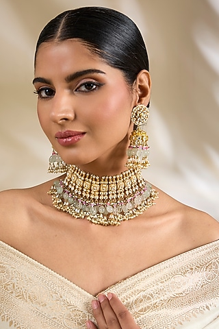 Gold Finish Kundan Polki & Beaded Choker Necklace Set by Amreli Jaipur