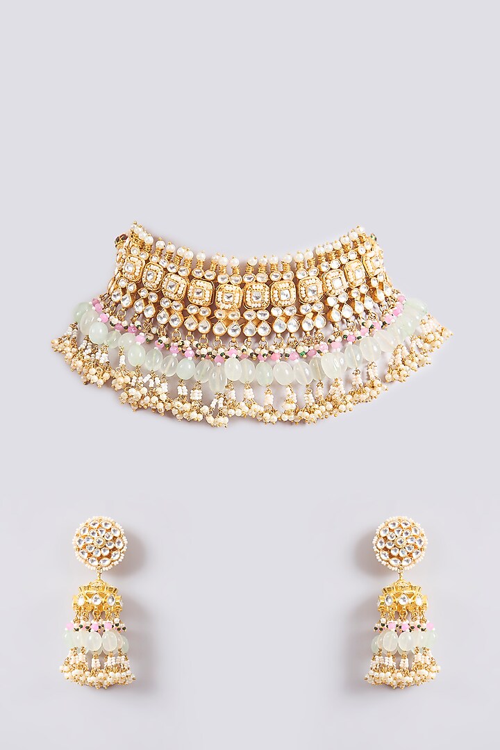 Gold Finish Kundan Polki & Beaded Choker Necklace Set by Amreli Jaipur at Pernia's Pop Up Shop
