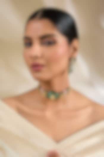 Gold Finish Green Kundan Polki & Beaded Choker Necklace Set by Amreli Jaipur at Pernia's Pop Up Shop