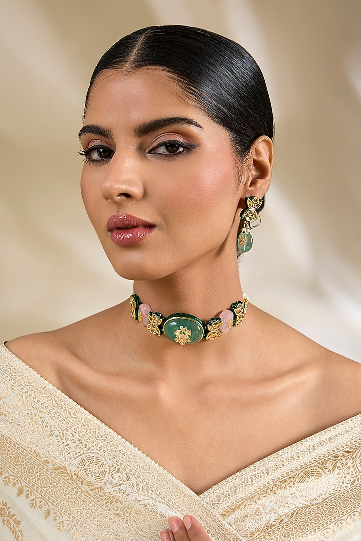Gold Finish Green Kundan Polki & Beaded Choker Necklace Set by Amreli Jaipur at Pernia's Pop Up Shop