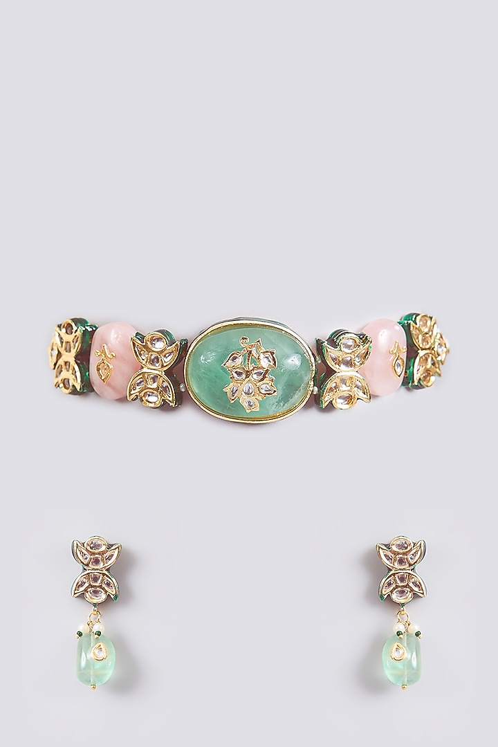 Gold Finish Green Kundan Polki & Beaded Choker Necklace Set by Amreli Jaipur at Pernia's Pop Up Shop