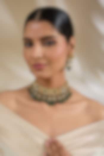 Gold Finish Kundan Polki & Green Beaded Choker Necklace Set by Amreli Jaipur at Pernia's Pop Up Shop