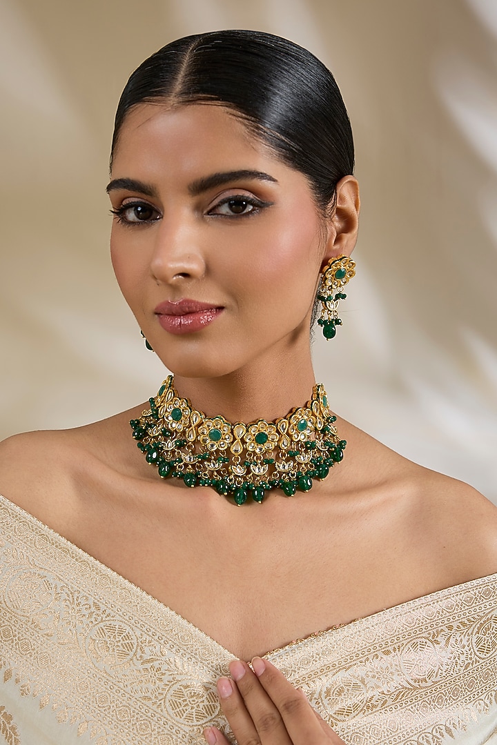 Gold Finish Kundan Polki & Green Beaded Choker Necklace Set by Amreli Jaipur at Pernia's Pop Up Shop