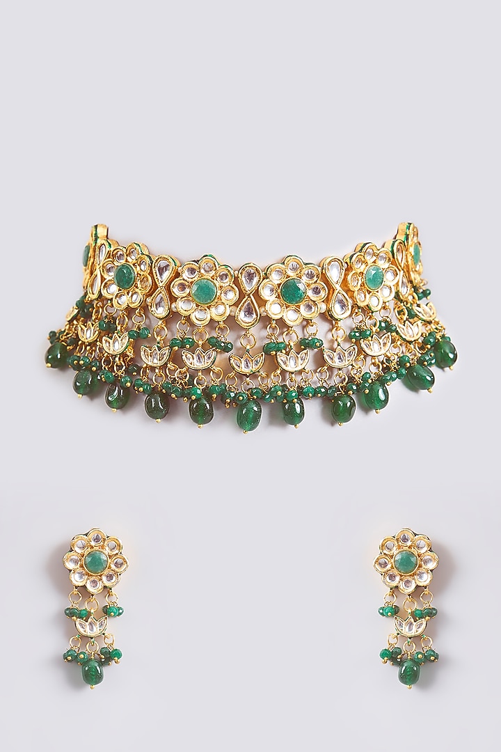 Gold Finish Kundan Polki & Green Beaded Choker Necklace Set by Amreli Jaipur at Pernia's Pop Up Shop