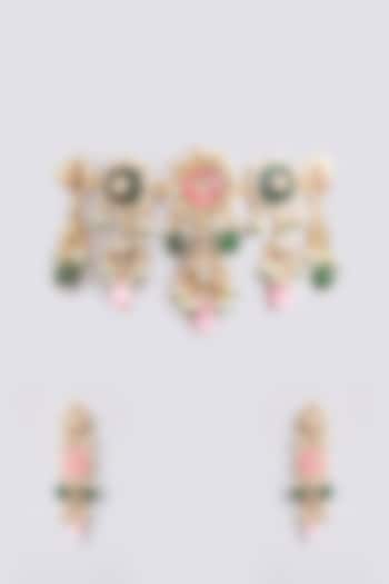 Gold Finish Kundan Polki & Pink Beaded Choker Necklace Set by Amreli Jaipur at Pernia's Pop Up Shop