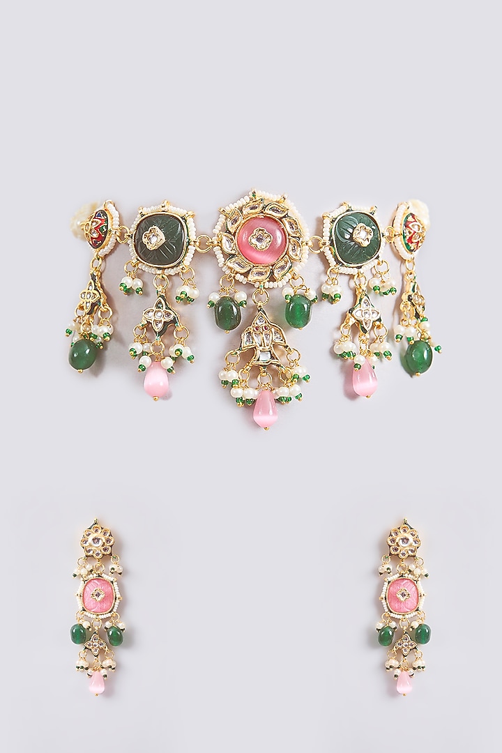 Gold Finish Kundan Polki & Pink Beaded Choker Necklace Set by Amreli Jaipur at Pernia's Pop Up Shop