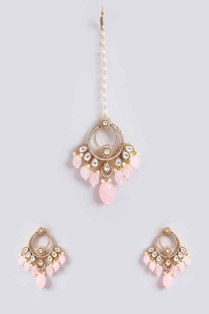 Gold Finish Kundan Polki & Pink Beaded Chandbali Earrings With Maang Tikka by Amreli Jaipur at Pernia's Pop Up Shop