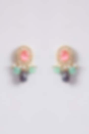 Gold Finish Pink Kundan Polki & Beaded Stud Earrings by Amreli Jaipur at Pernia's Pop Up Shop