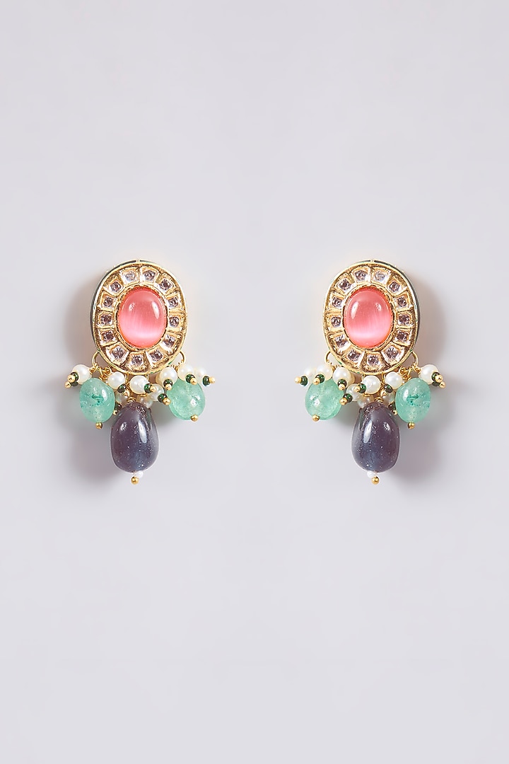 Gold Finish Pink Kundan Polki & Beaded Stud Earrings by Amreli Jaipur at Pernia's Pop Up Shop