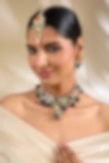 Gold Finish Multi-Colored Kundan Polki & Beaded Choker Necklace Set by Amreli Jaipur at Pernia's Pop Up Shop