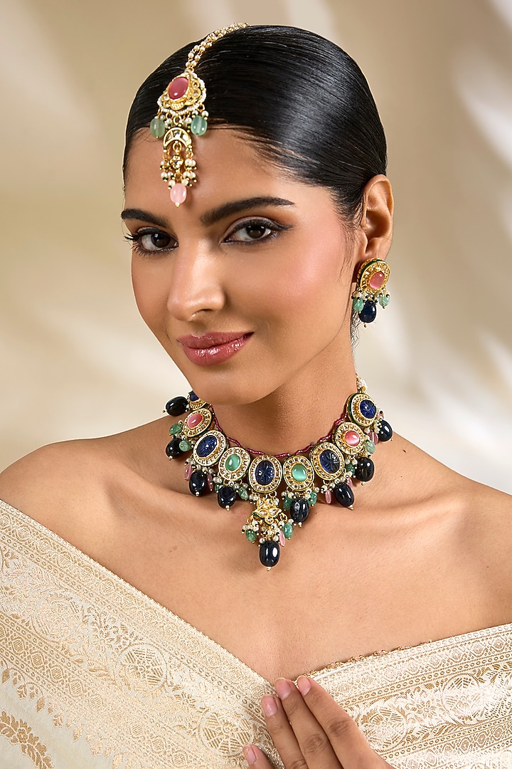 Gold Finish Multi-Colored Kundan Polki & Beaded Choker Necklace Set by Amreli Jaipur at Pernia's Pop Up Shop