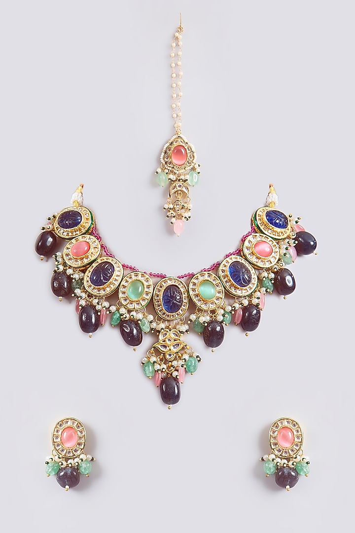Gold Finish Multi-Colored Kundan Polki & Beaded Choker Necklace Set by Amreli Jaipur at Pernia's Pop Up Shop