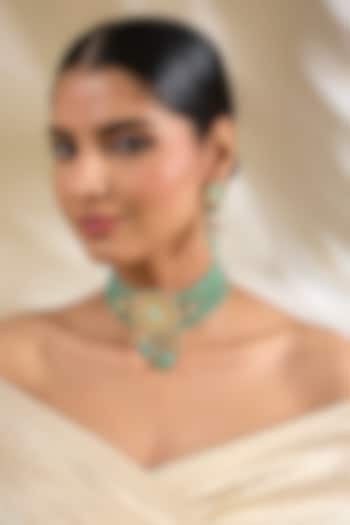 Gold Finish Green Kundan Polki & Beaded Choker Necklace Set by Amreli Jaipur at Pernia's Pop Up Shop