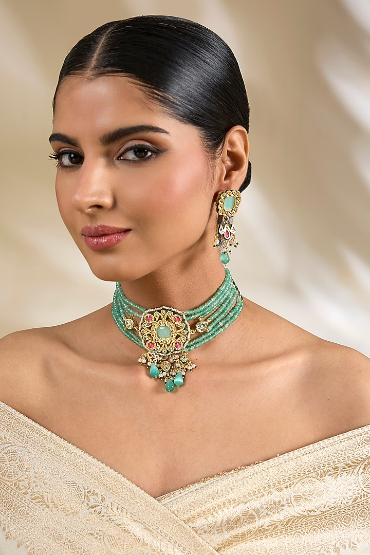 Gold Finish Green Kundan Polki & Beaded Choker Necklace Set by Amreli Jaipur at Pernia's Pop Up Shop