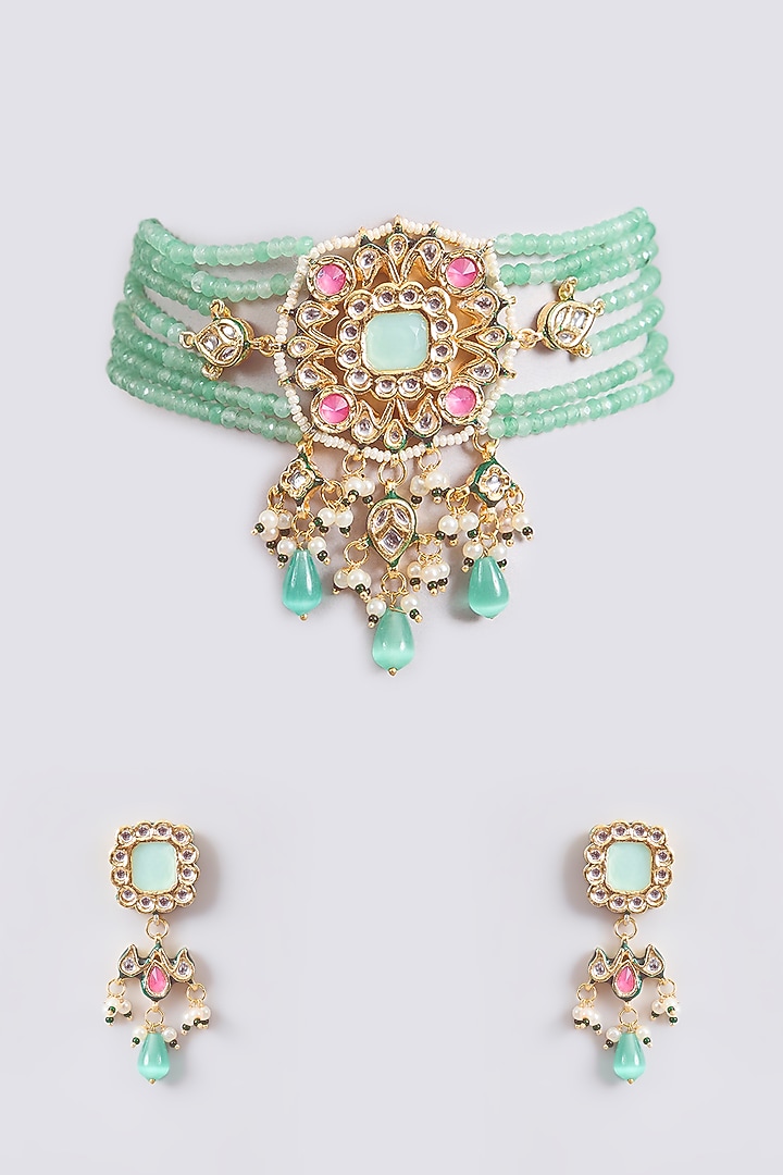 Gold Finish Green Kundan Polki & Beaded Choker Necklace Set by Amreli Jaipur at Pernia's Pop Up Shop