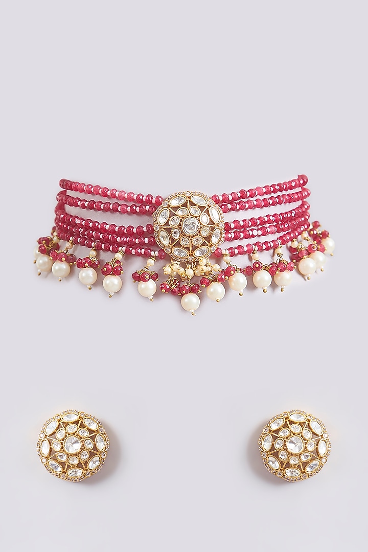 Gold Finish Red Kundan Polki & Beaded Choker Necklace Set by Amreli Jaipur at Pernia's Pop Up Shop