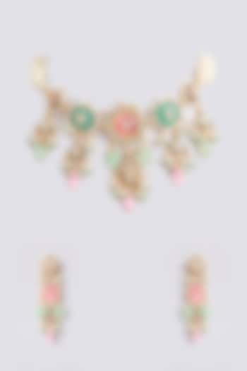 Gold Finish Pink Kundan Polki & Beaded Choker Necklace Set by Amreli Jaipur at Pernia's Pop Up Shop
