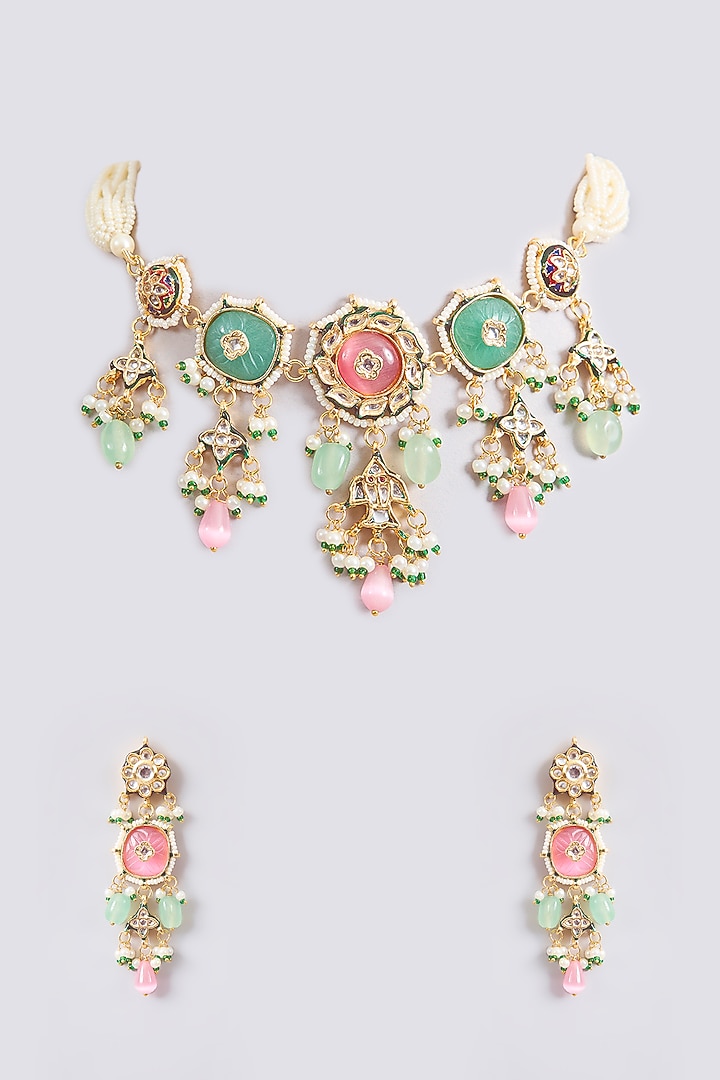 Gold Finish Pink Kundan Polki & Beaded Choker Necklace Set by Amreli Jaipur at Pernia's Pop Up Shop