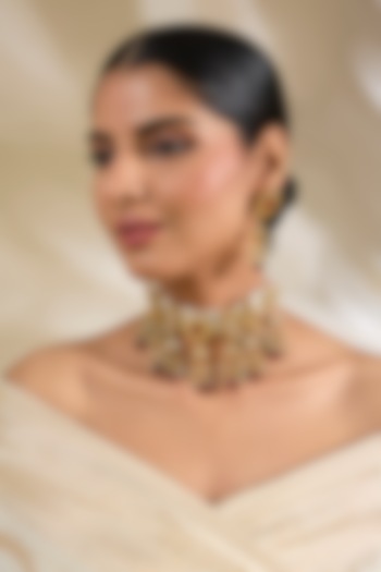 Gold Finish Red Kundan Polki & Beaded Choker Necklace Set by Amreli Jaipur at Pernia's Pop Up Shop