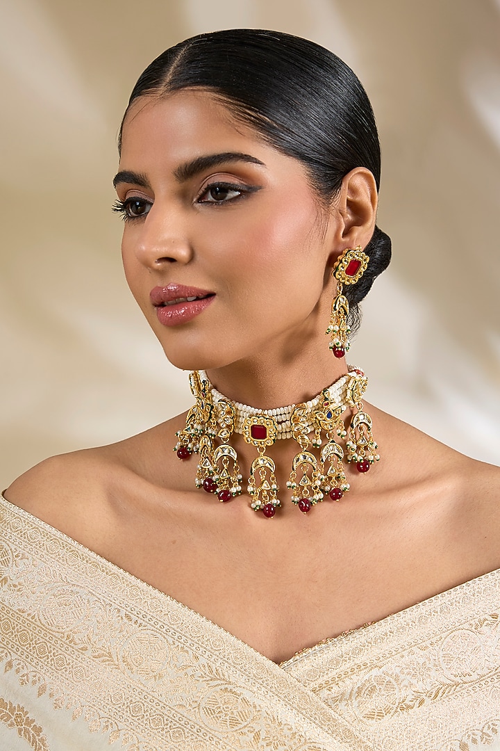 Gold Finish Red Kundan Polki & Beaded Choker Necklace Set by Amreli Jaipur at Pernia's Pop Up Shop