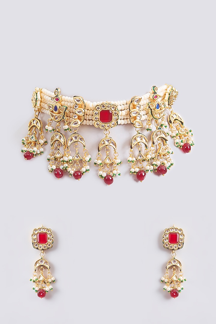 Gold Finish Red Kundan Polki & Beaded Choker Necklace Set by Amreli Jaipur at Pernia's Pop Up Shop