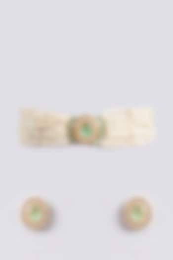Gold Finish Green Kundan Polki & Beaded Choker Necklace Set by Amreli Jaipur at Pernia's Pop Up Shop