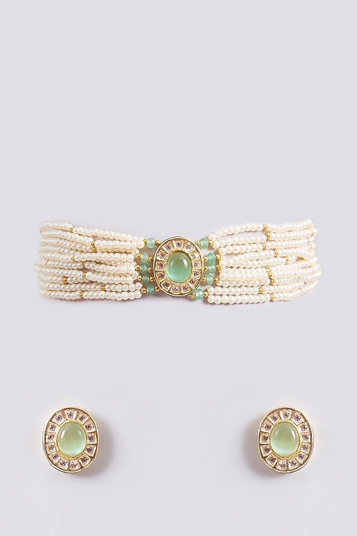Gold Finish Green Kundan Polki & Beaded Choker Necklace Set by Amreli Jaipur at Pernia's Pop Up Shop