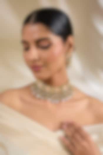 Gold Finish Pink Kundan Polki & Beaded Choker Necklace Set by Amreli Jaipur at Pernia's Pop Up Shop