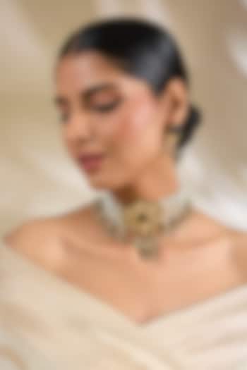 Gold Finish Blue Kundan Polki & Beaded Choker Necklace Set by Amreli Jaipur at Pernia's Pop Up Shop