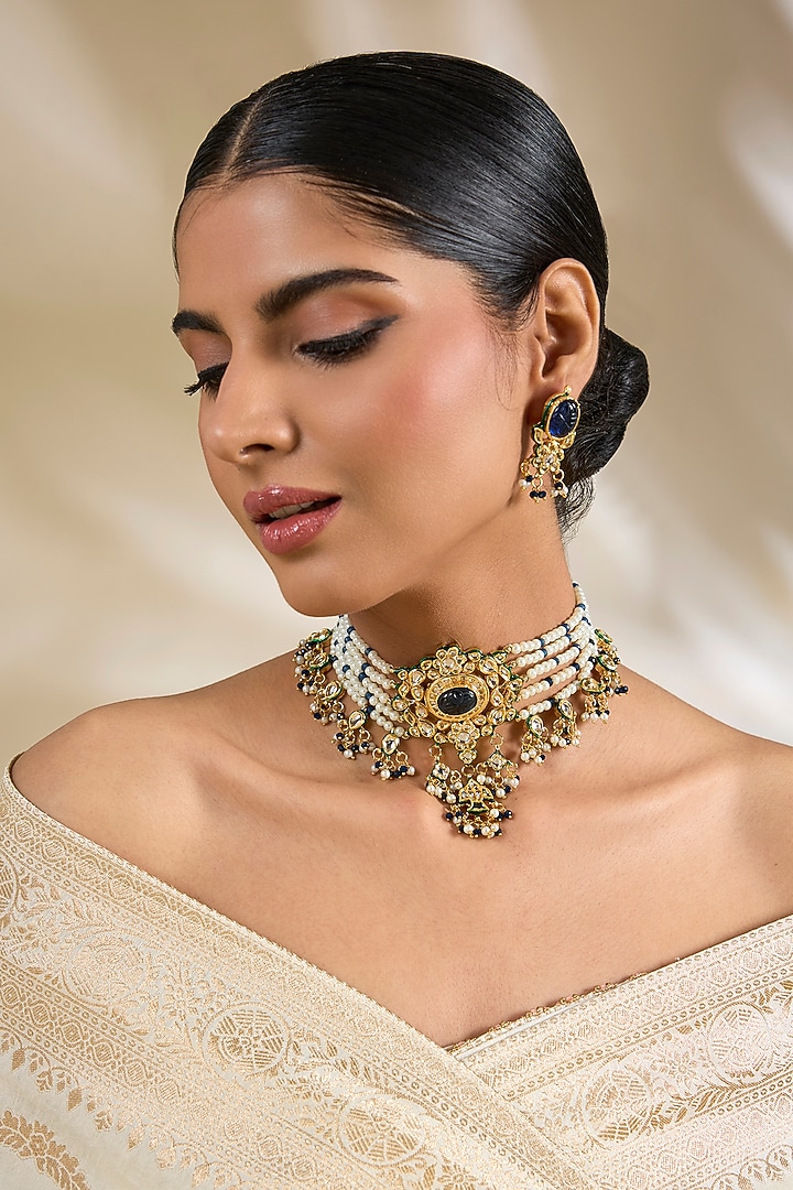 Gold Finish Blue Kundan Polki & Beaded Choker Necklace Set by Amreli Jaipur at Pernia's Pop Up Shop