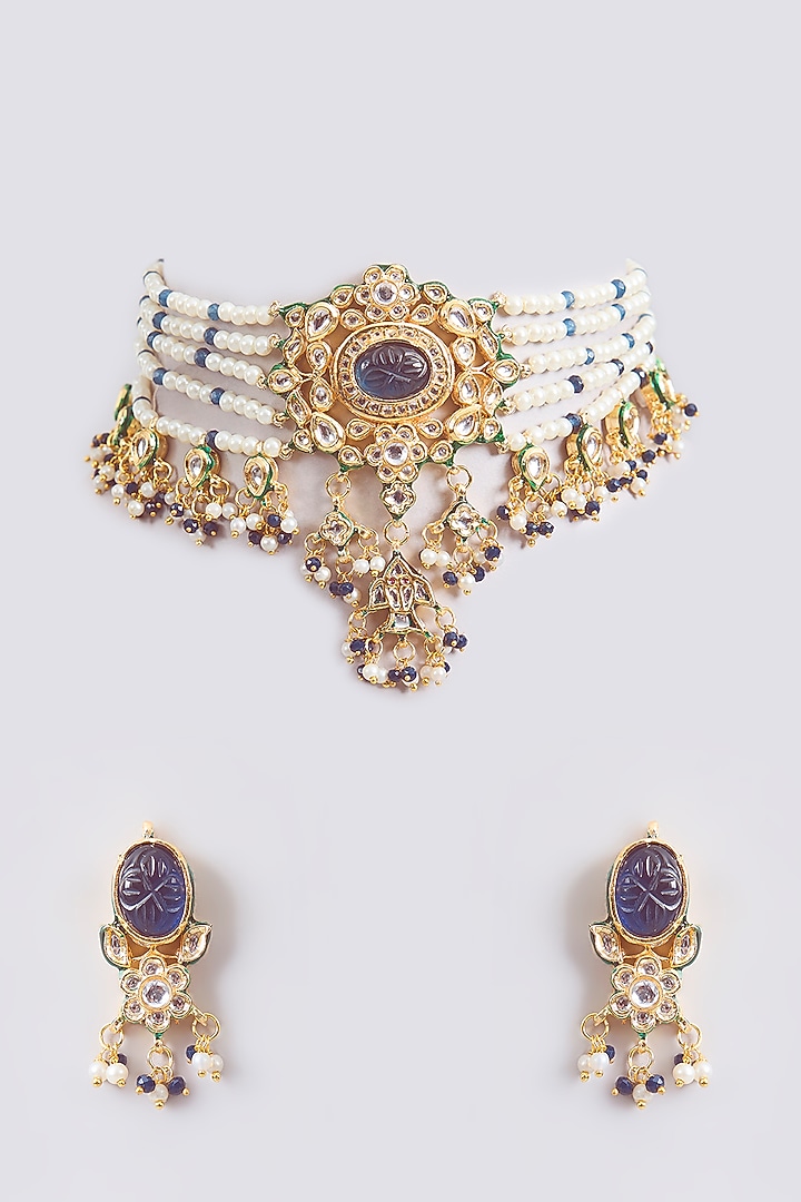 Gold Finish Blue Kundan Polki & Beaded Choker Necklace Set by Amreli Jaipur at Pernia's Pop Up Shop