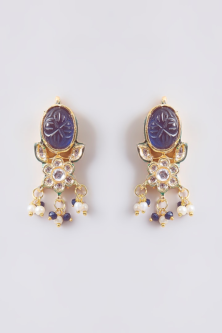 Gold Finish Blue Kundan Polki & Beaded Choker Necklace Set by Amreli Jaipur at Pernia's Pop Up Shop