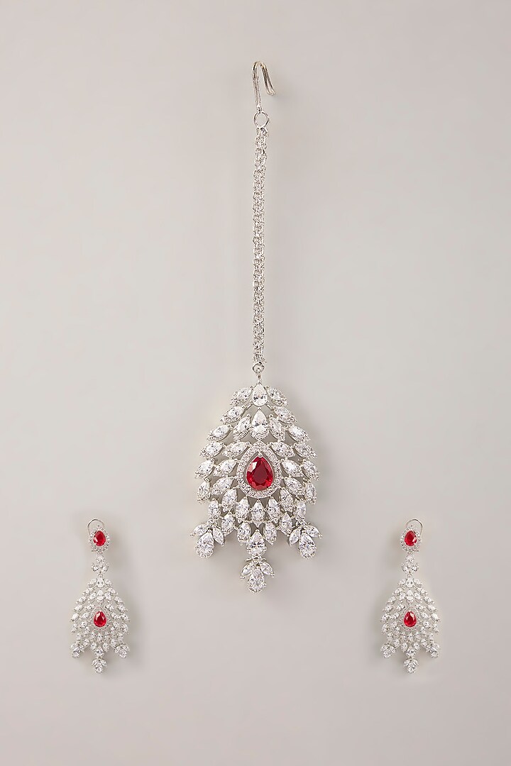 White Finish Red Cubic Zirconia Dangler Earrings With Maangtika by Amreli Jaipur at Pernia's Pop Up Shop
