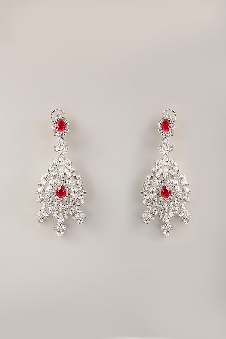 White Finish Red Cubic Zirconia Dangler Earrings With Maangtika by Amreli Jaipur at Pernia's Pop Up Shop
