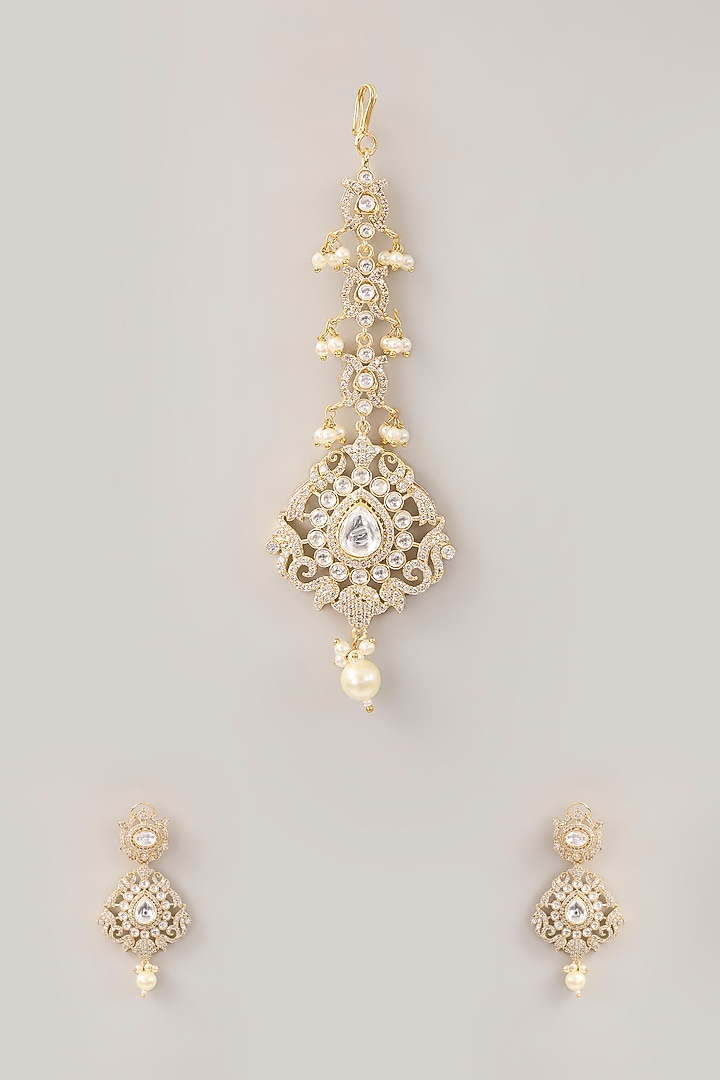 Gold Finish Kundan Polki Dangler Earrings With Maangtikka by Amreli Jaipur at Pernia's Pop Up Shop