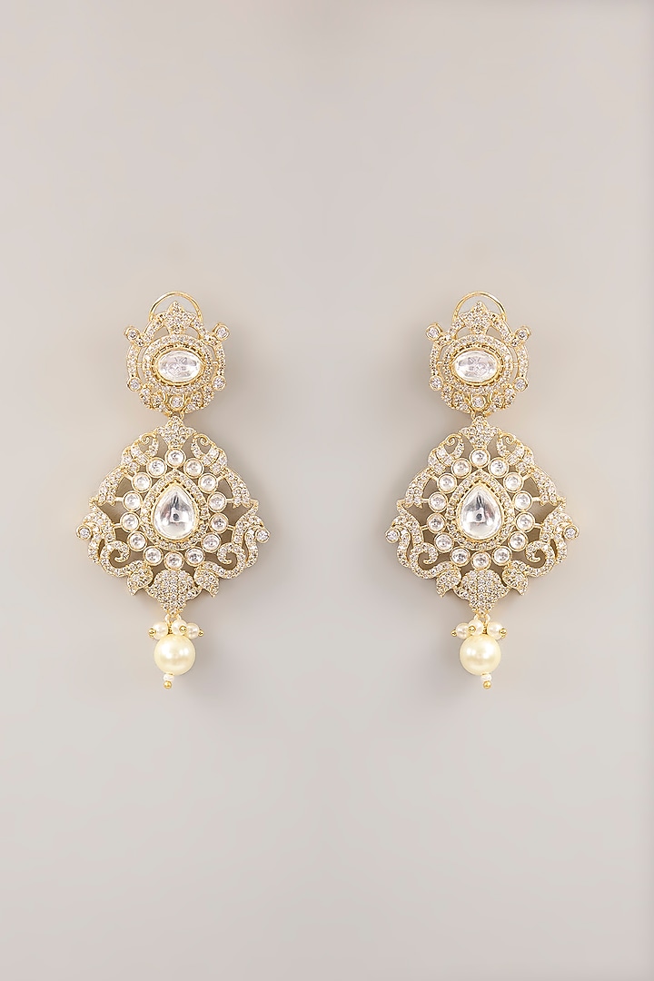 Gold Finish Kundan Polki Dangler Earrings With Maangtikka by Amreli Jaipur at Pernia's Pop Up Shop