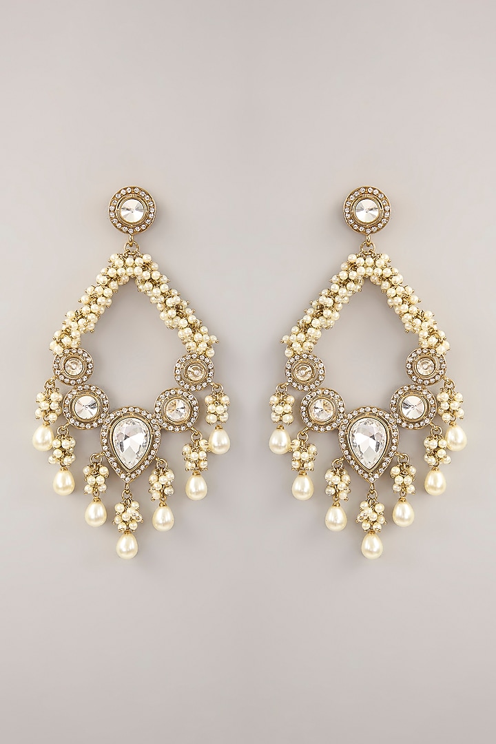Gold Finish Kundan Polki & Pearl Chandbali Earrings by Amreli Jaipur at Pernia's Pop Up Shop