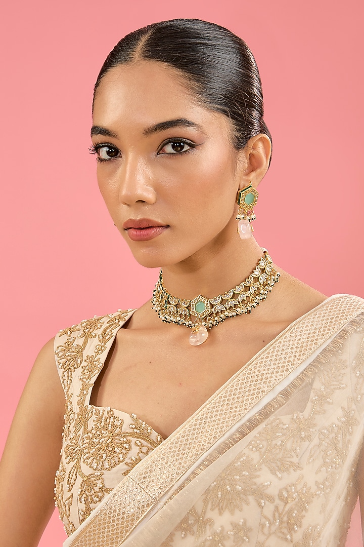 Gold Finish Green Kundan Polki Choker Necklace Set by Amreli Jaipur at Pernia's Pop Up Shop