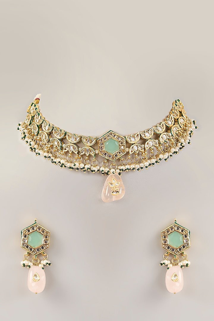 Gold Finish Green Kundan Polki Choker Necklace Set by Amreli Jaipur at Pernia's Pop Up Shop