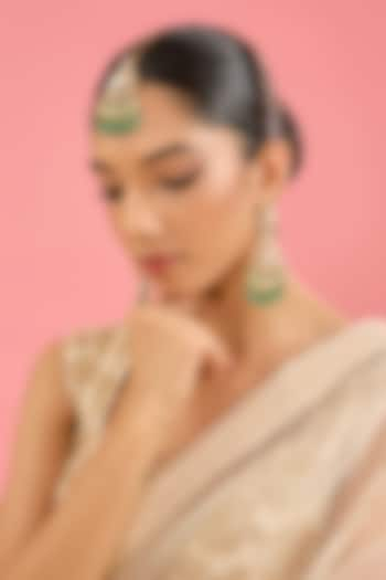 Gold Finish Green Kundan Polki Dangler Earrings With Maangtikka by Amreli Jaipur at Pernia's Pop Up Shop