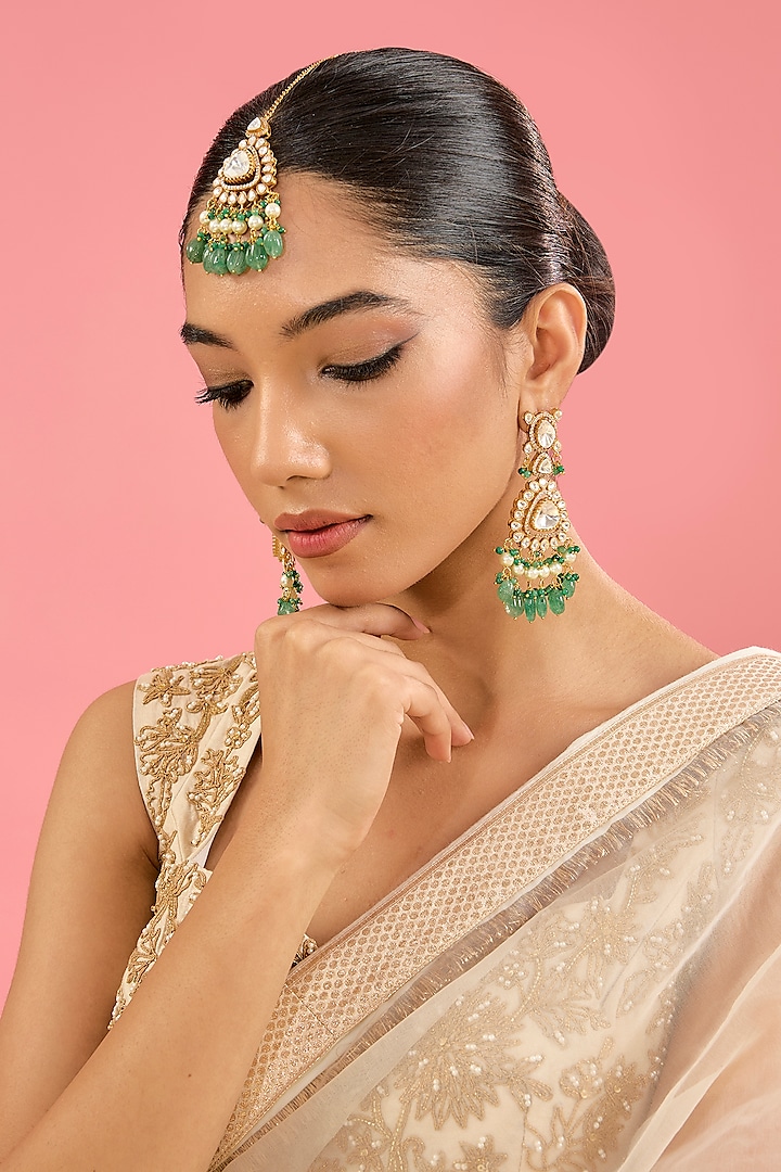 Gold Finish Green Kundan Polki Dangler Earrings With Maangtikka by Amreli Jaipur at Pernia's Pop Up Shop