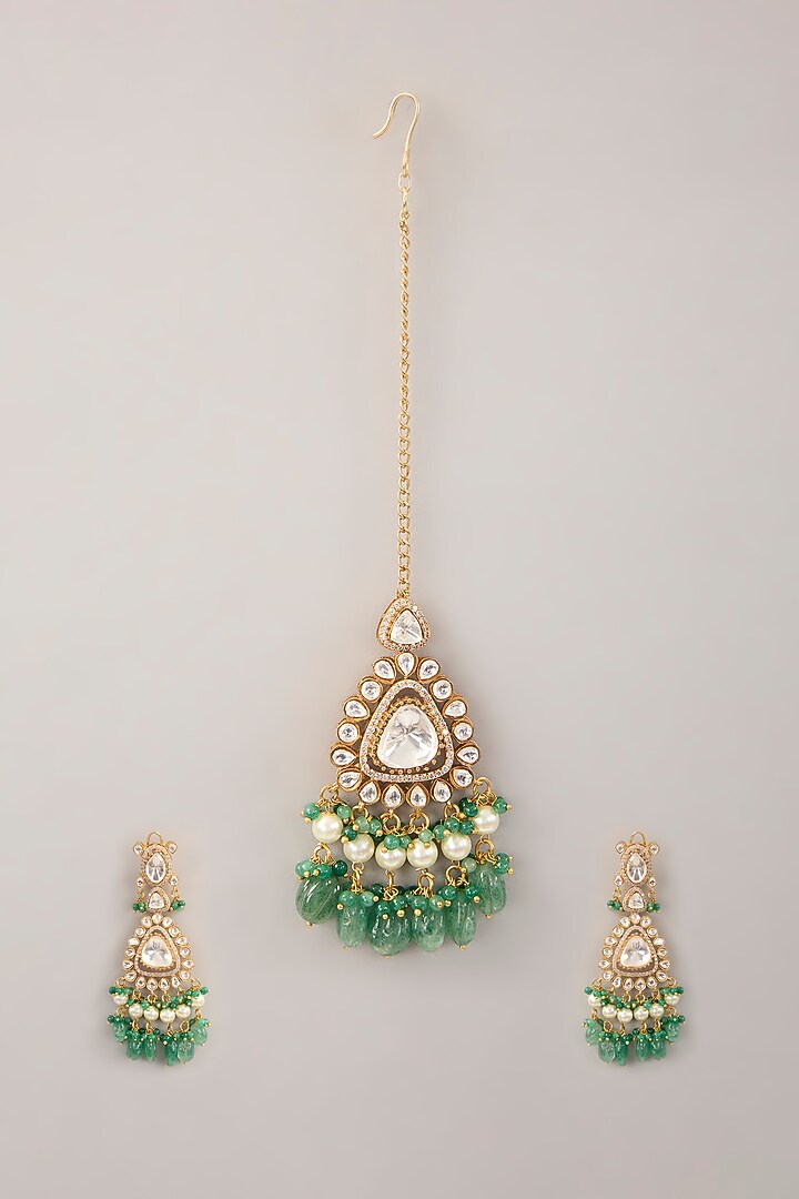 Gold Finish Green Kundan Polki Dangler Earrings With Maangtikka by Amreli Jaipur at Pernia's Pop Up Shop