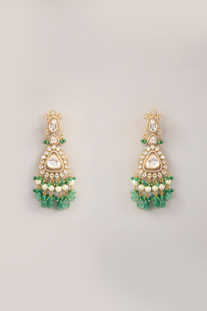 Gold Finish Green Kundan Polki Dangler Earrings With Maangtikka by Amreli Jaipur at Pernia's Pop Up Shop