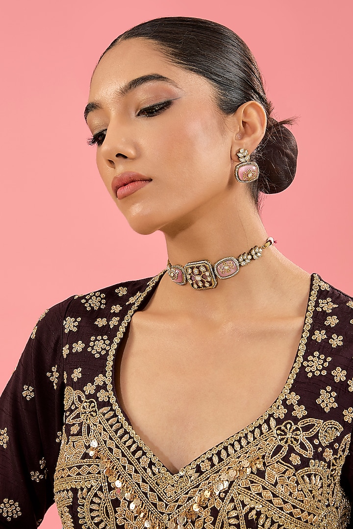 Gold Finish Pink Kundan Polki Choker Necklace Set by Amreli Jaipur at Pernia's Pop Up Shop