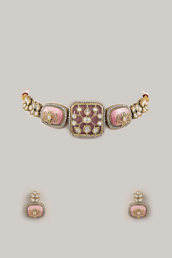 Gold Finish Pink Kundan Polki Choker Necklace Set by Amreli Jaipur at Pernia's Pop Up Shop